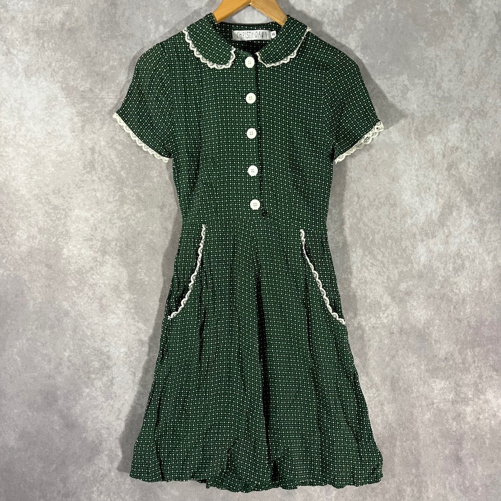 Christy Dawn Dress Womens XS Green Polka Dot Lace Trim Peter Pan Collar Rayon